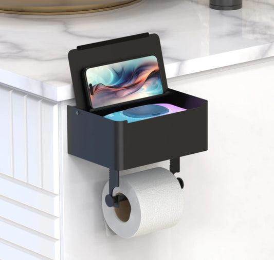 TidyTear Toilet Paper Holder with Storage, Phone Shelf, Stainless Steel, Wall Mount, Adhesive Mount, Matte Black